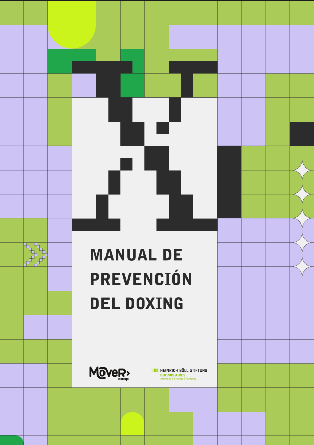 X pixelada sobre fondos cuadrillé lila y verde lima con título 