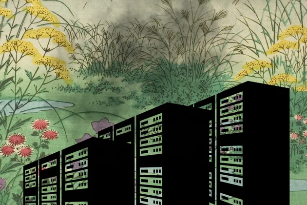 Esta imagen es un collage con un colorido paisaje japonés vintage que muestra una montaña, colinas, flores y otras plantas, y un pequeño arroyo. Hay tres grandes servidores de datos negros situados en la mitad inferior de la imagen, de los que sale una nube de humo negro que oscurece parcialmente el paisaje.