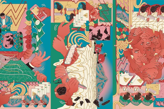 Un mural de colores vivos que se puede ver desde cualquier ángulo. En él se representan varias escenas: personas frente a ordenadores que parecen estresadas, varios rostros superpuestos entre sí, emojis aplastados, mineros excavando frente a una enorme montaña que representa los recursos minerales, una mano sosteniendo un trozo de carbón o carbono, manos manipulando gráficos bursátiles y mensajes de error, así como algunas mujeres realizando tareas en ordenadores, hombres trajeados alrededor de una mesa, al