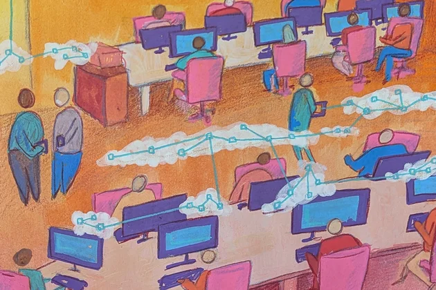 Una oficina de colores vivos llena de todo tipo de personas trabajando en escritorios conectados. Hay pantallas de ordenador y redes en el aire en forma de nubes. La imagen muestra la conectividad de un lugar de trabajo transformado digitalmente.  Fue dibujada y pintada con gouache y lápiz. 