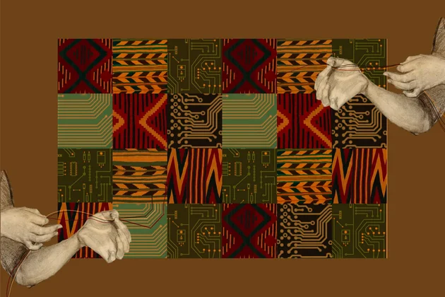 Un collage que fusiona patrones de placas de circuitos con motivos textiles en un fondo cuadriculado que alterna el negro, el gris y el blanco. A cada lado de la imagen hay dos brazos dibujados a mano, colocados como si tiraran suavemente de finos hilos blancos que cruzan la imagen en diagonal. Las manos parecen suaves y algo translúcidas, lo que contrasta con las líneas rígidas de los patrones de placas de circuitos que hay detrás de ellas. Las cuerdas se entrelazan tanto con las manos como con el fondo, s