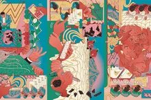Un mural de colores vivos que se puede ver desde cualquier ángulo. En él se representan varias escenas: personas frente a ordenadores que parecen estresadas, varios rostros superpuestos entre sí, emojis aplastados, mineros excavando frente a una enorme montaña que representa los recursos minerales, una mano sosteniendo un trozo de carbón o carbono, manos manipulando gráficos bursátiles y mensajes de error, así como algunas mujeres realizando tareas en ordenadores, hombres trajeados alrededor de una mesa, al