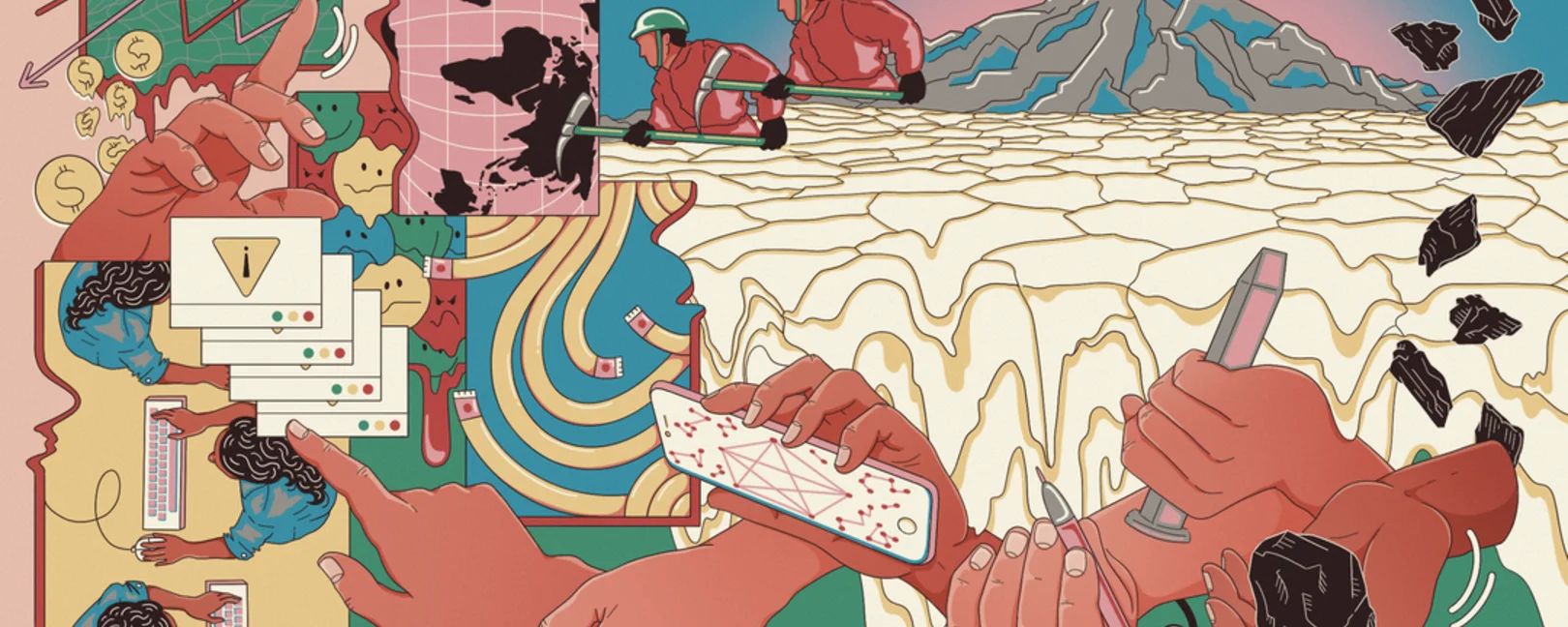 Una ilustración de colores vivos que se puede ver desde cualquier ángulo. En ella se pueden apreciar varias escenas: mineros excavando frente a una enorme montaña que representa los recursos minerales, una mano sosteniendo un trozo de carbón o carbono, manos manipulando gráficos bursátiles y mensajes de error, así como algunas mujeres realizando tareas en ordenadores.