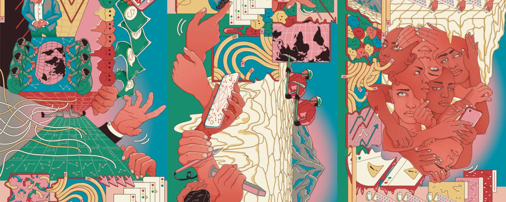 Un mural de colores vivos que se puede ver desde cualquier ángulo. En él se representan varias escenas: personas frente a ordenadores que parecen estresadas, varios rostros superpuestos entre sí, emojis aplastados, mineros excavando frente a una enorme montaña que representa los recursos minerales, una mano sosteniendo un trozo de carbón o carbono, manos manipulando gráficos bursátiles y mensajes de error, así como algunas mujeres realizando tareas en ordenadores, hombres trajeados alrededor de una mesa, al