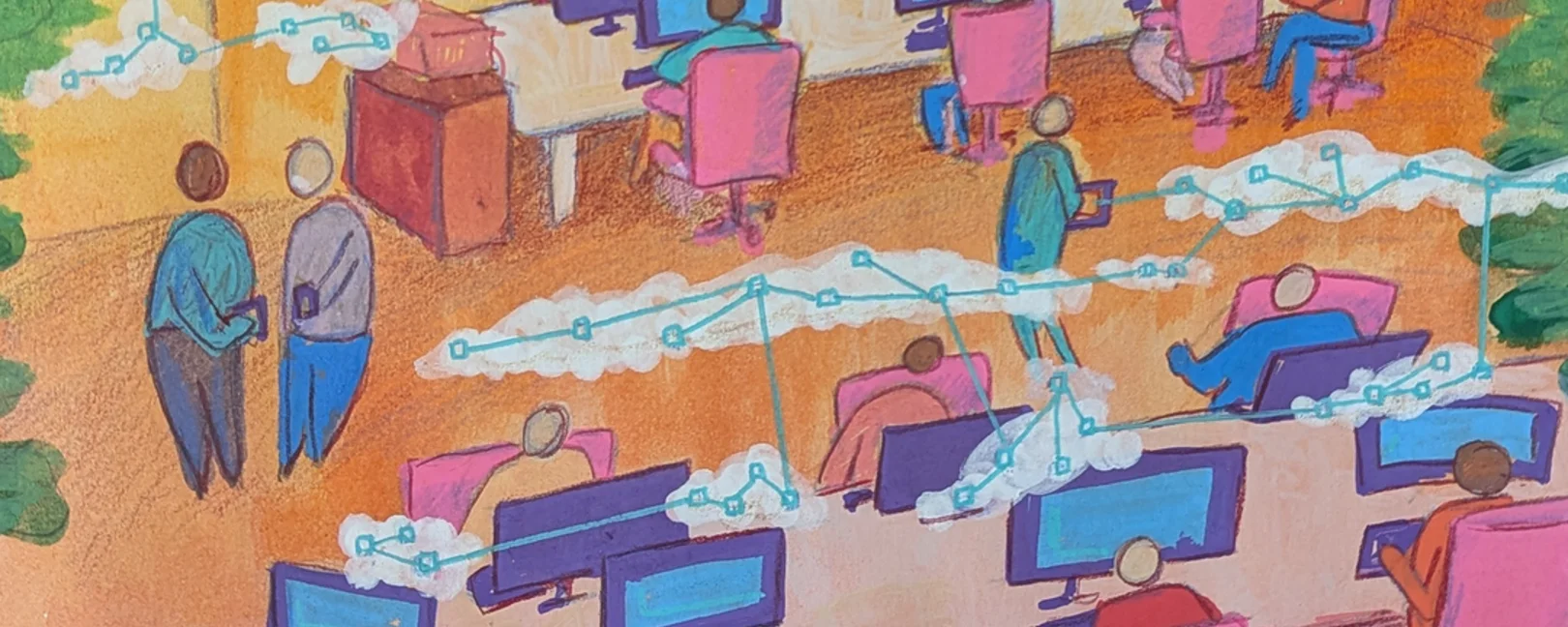 Una oficina de colores vivos llena de todo tipo de personas trabajando en escritorios conectados. Hay pantallas de ordenador y redes en el aire en forma de nubes. La imagen muestra la conectividad de un lugar de trabajo transformado digitalmente.  Fue dibujada y pintada con gouache y lápiz. 