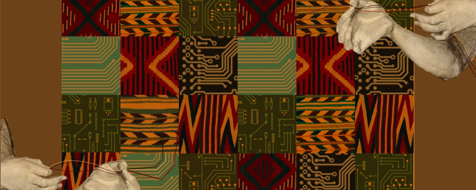 Un collage que fusiona patrones de placas de circuitos con motivos textiles en un fondo cuadriculado que alterna el negro, el gris y el blanco. A cada lado de la imagen hay dos brazos dibujados a mano, colocados como si tiraran suavemente de finos hilos blancos que cruzan la imagen en diagonal. Las manos parecen suaves y algo translúcidas, lo que contrasta con las líneas rígidas de los patrones de placas de circuitos que hay detrás de ellas. Las cuerdas se entrelazan tanto con las manos como con el fondo, s