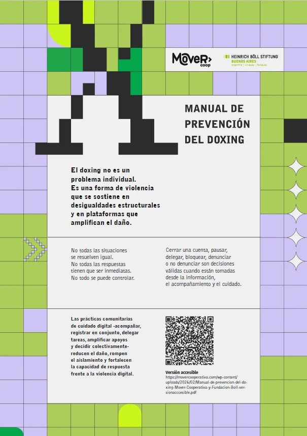 Contratapa en tonos verde y lila con reflexiones en torno al doxing. 