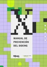 X pixelada sobre fondos cuadrillé lila y verde lima con título "Manual de prevención del doxing"